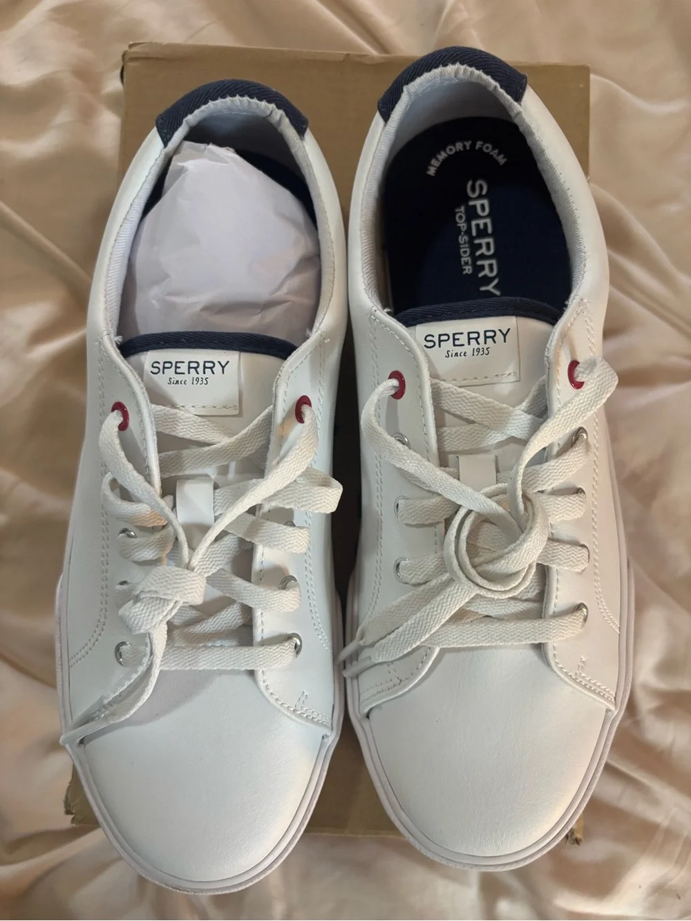 Sperry White Leather Boat Sneakers with Navy Trim